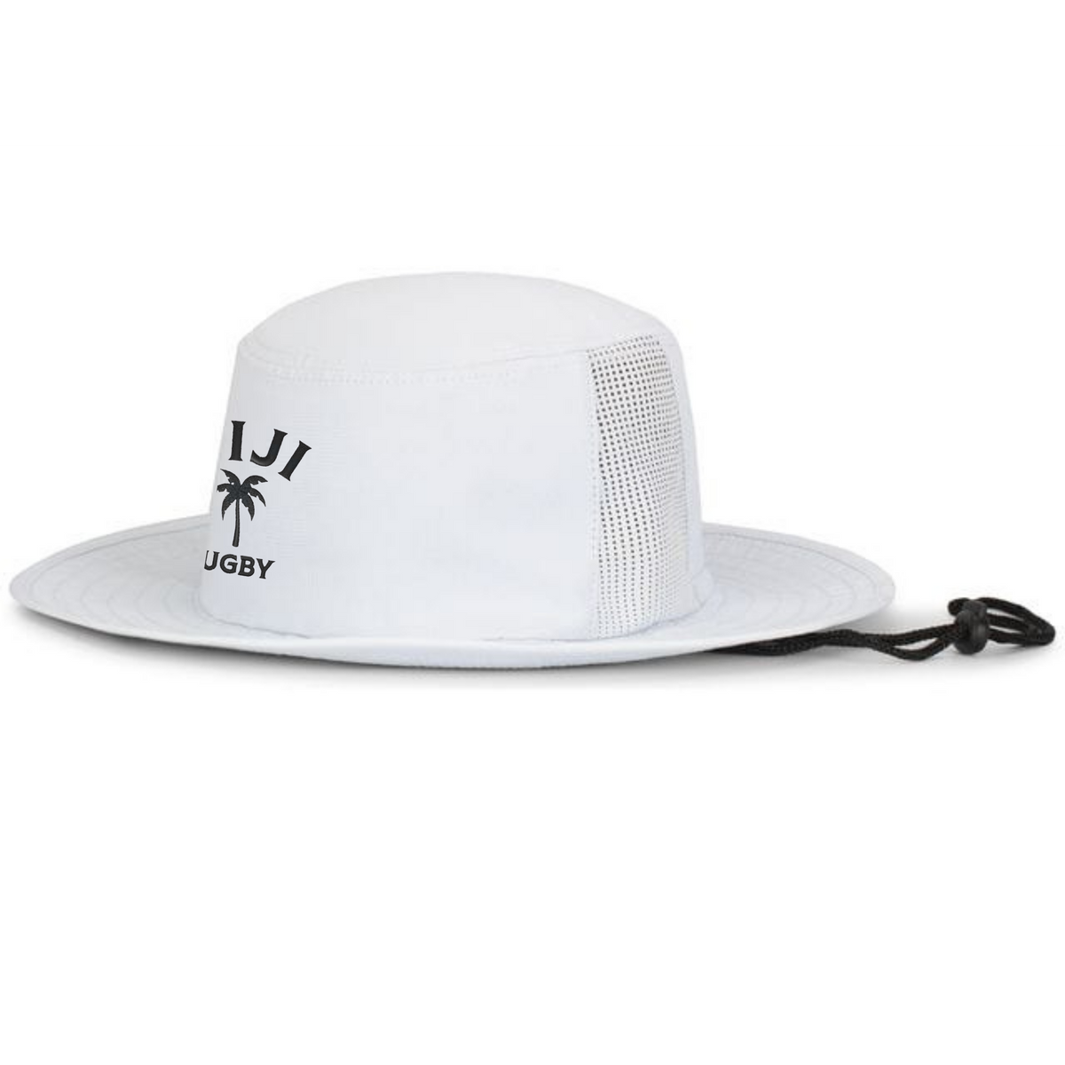The EMB Augusta Nations of Rugby Fiji Rugby Legend Boonie Cap features a wide brim, mesh side panels, adjustable chin strap, and "FIJI RUGBY" text with a palm tree—perfect for rugby fans and supporters.