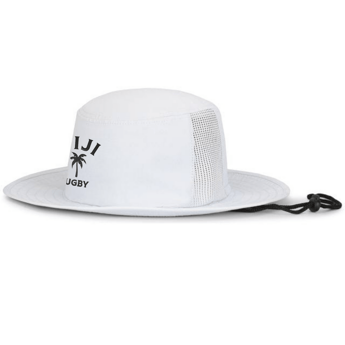 The EMB Augusta Nations of Rugby Fiji Rugby Legend Boonie Cap features a wide brim, mesh side panels, adjustable chin strap, and "FIJI RUGBY" text with a palm tree—perfect for rugby fans and supporters.