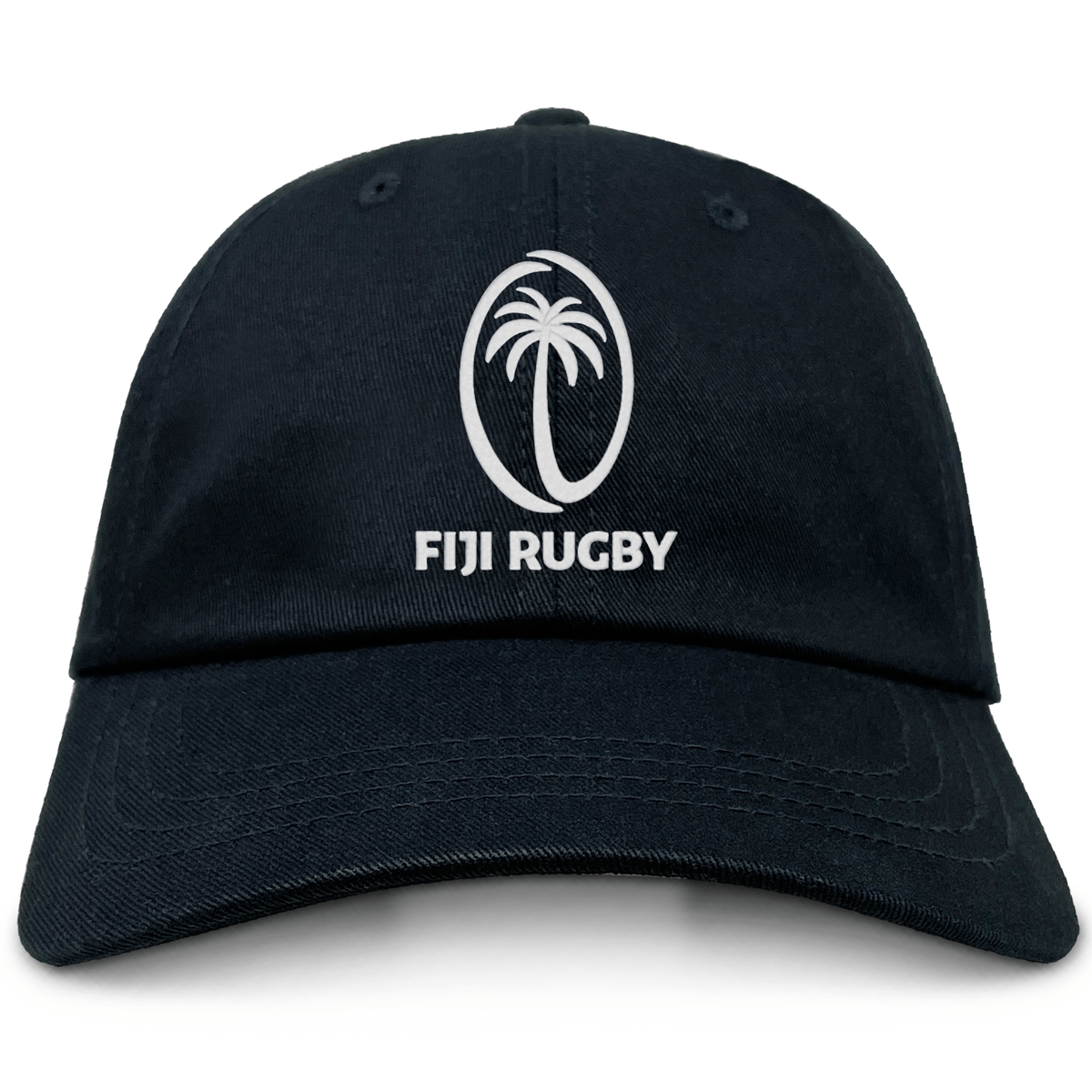 The Fiji Cotton Twill Dad Cap by EMB S&S Activewear is a black hat with the Fiji Rugby logo—a stylized palm tree in an oval—and bold white embroidered “FIJI RUGBY” team branding.