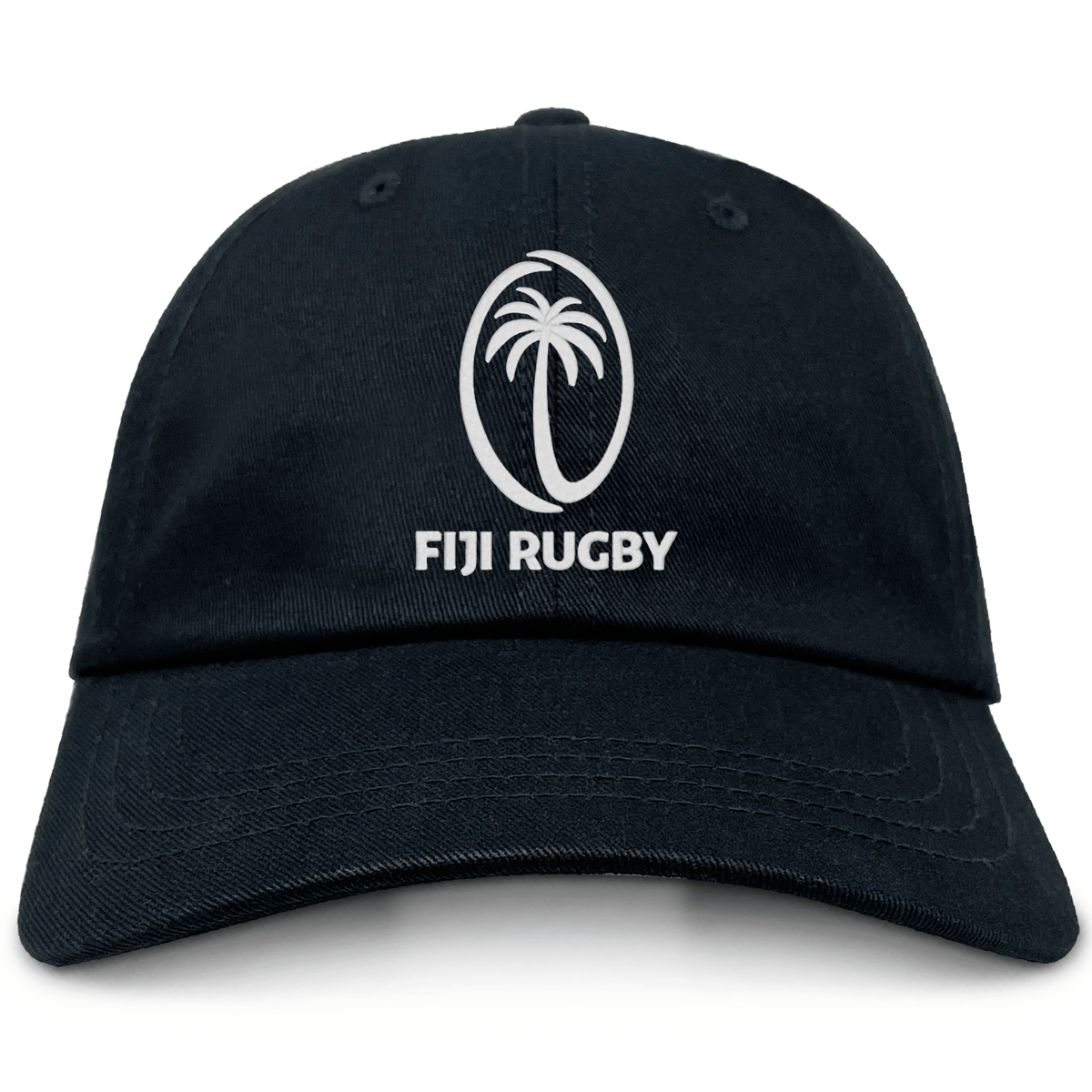 The Fiji Cotton Twill Dad Cap by EMB S&S Activewear is a black hat with the Fiji Rugby logo—a stylized palm tree in an oval—and bold white embroidered “FIJI RUGBY” team branding.