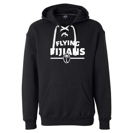 The Fiji Flying Fijians Wordmark Hockey Hoodie by WRS S&S Activewear is a custom black lace-up hoodie with front pocket, bold white "FLYING FIJIANS" text, and a small rugby ball graphic below the chest.