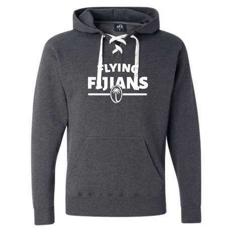 The Fiji Flying Fijians Wordmark Hockey Hoodie by WRS S&S Activewear is a dark gray custom hoodie with a lace-up collar and white "Fiji Flying Fijians" logo featuring a rugby ball graphic on the front.