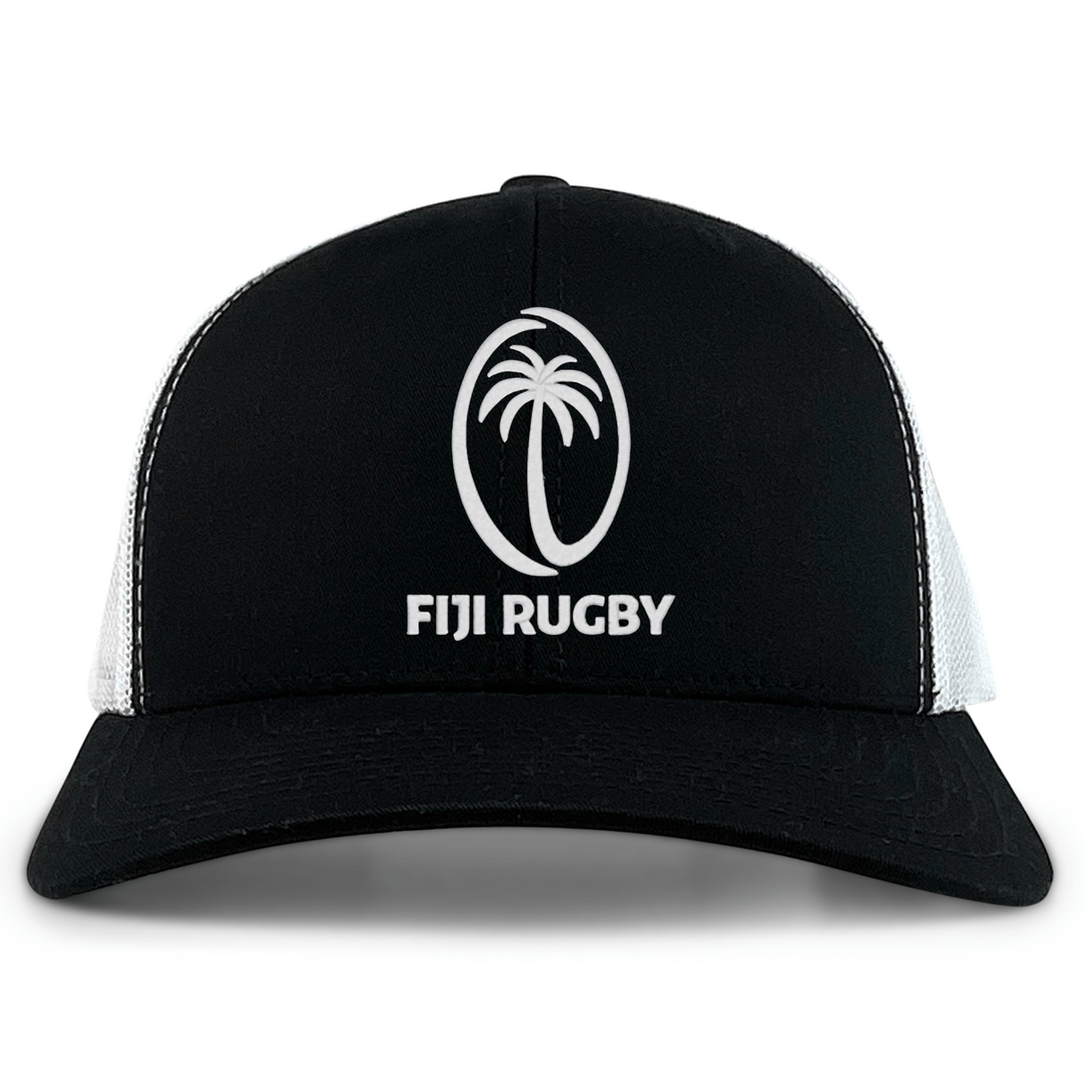 The EMB S&S Activewear Fiji Retro Trucker Cap is a black and white cap with a palm tree logo and "FIJI RUGBY" text on the front.