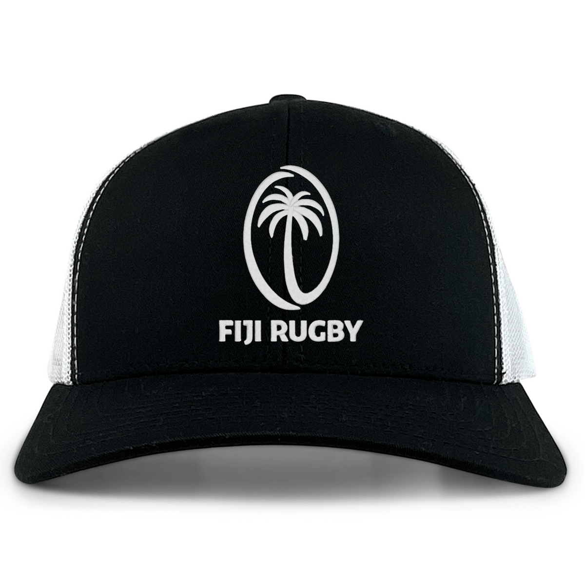 The EMB S&S Activewear Fiji Retro Trucker Cap is a black and white cap with a palm tree logo and "FIJI RUGBY" text on the front.
