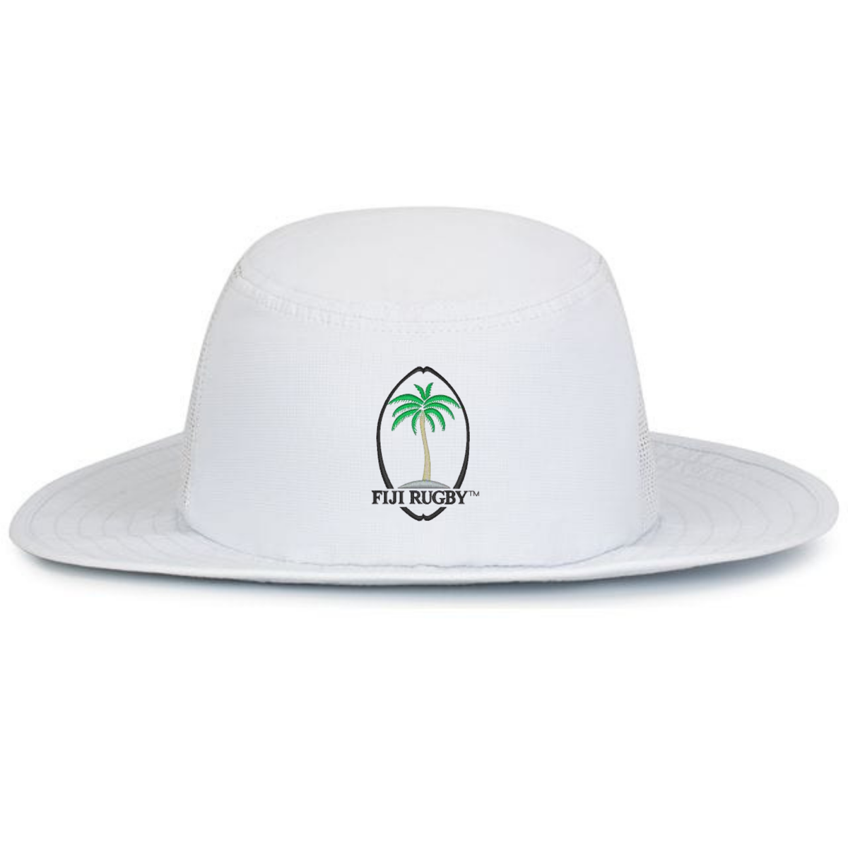 Stay cool in the EMB Augusta Fiji Rugby Throwback Perforated Boonie Hat, featuring a wide brim and green palm tree with "Fiji Rugby" logo—a classic hat for sunny days.