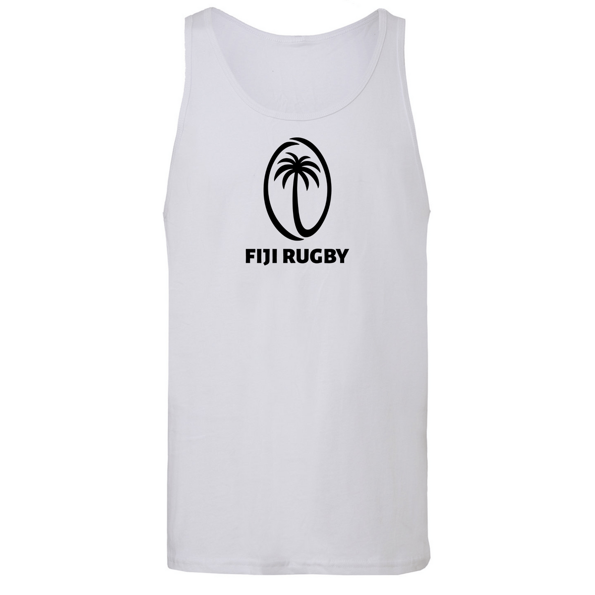 WRS S&S Activewear's Fiji Rugby Jersey Tank Top is a white unisex tank with a black oval palm tree graphic and "FIJI RUGBY" text below, inspired by the classic Fiji Rugby Jersey style.