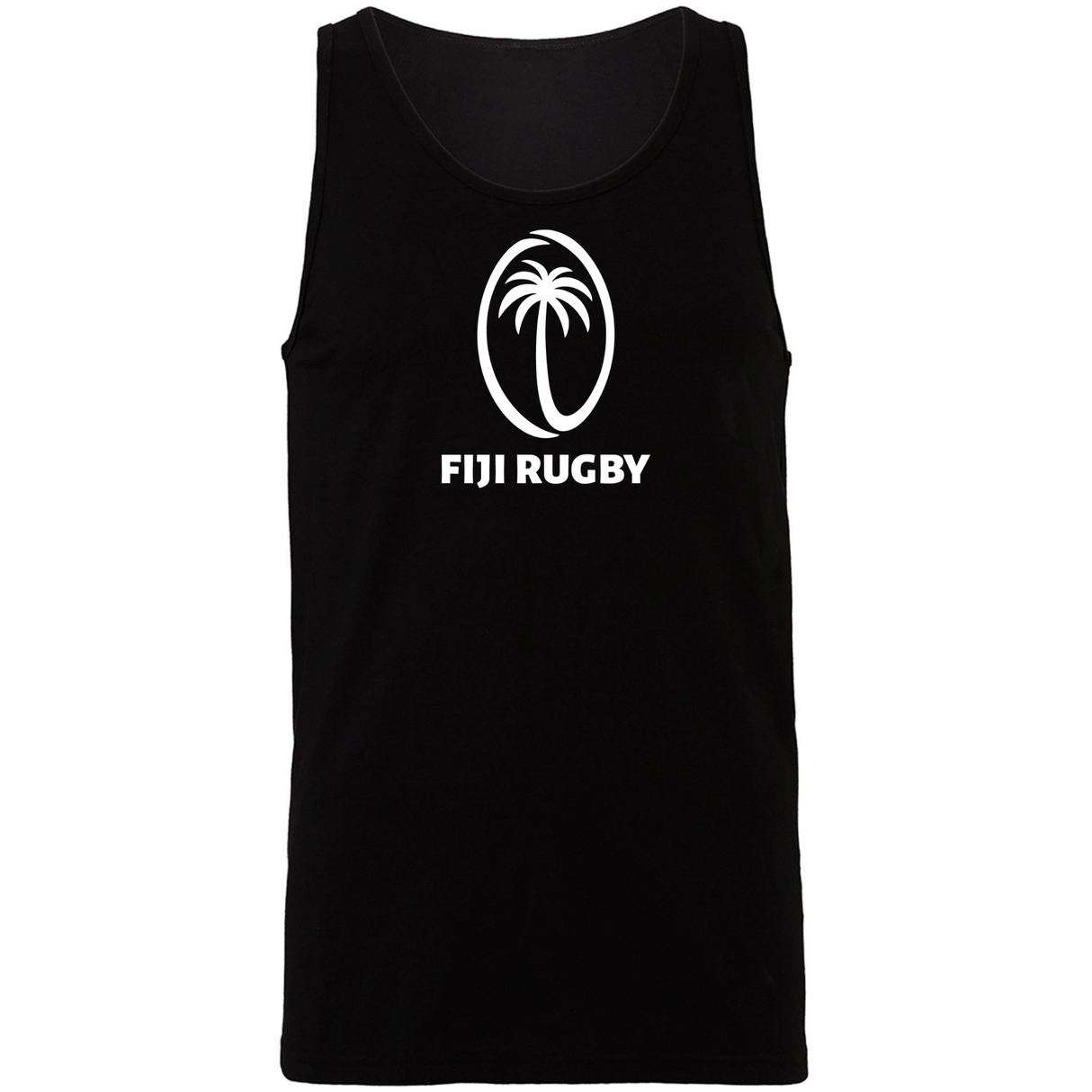 The Fiji Rugby Jersey Tank Top by WRS S&S Activewear is a custom black unisex tank top with a white palm tree logo and "Fiji Rugby" text centered on the chest.