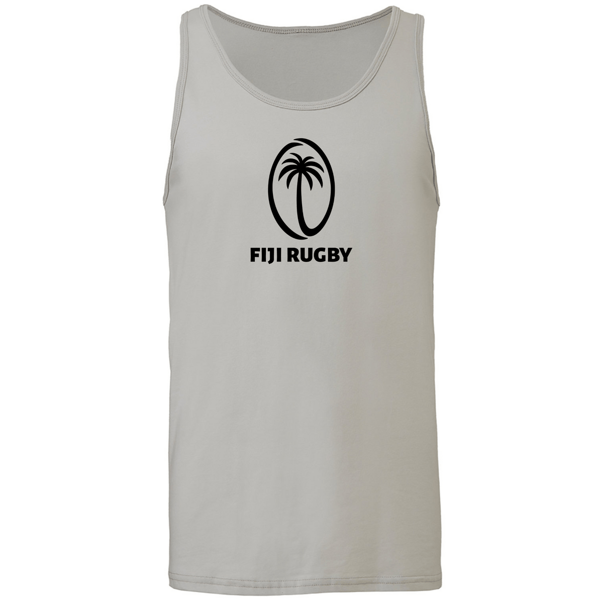The Fiji Rugby Jersey Tank Top by WRS S&S Activewear is a light gray unisex tank with a black oval palm tree logo and "FIJI RUGBY" on the front, ideal for fans wanting a custom look.