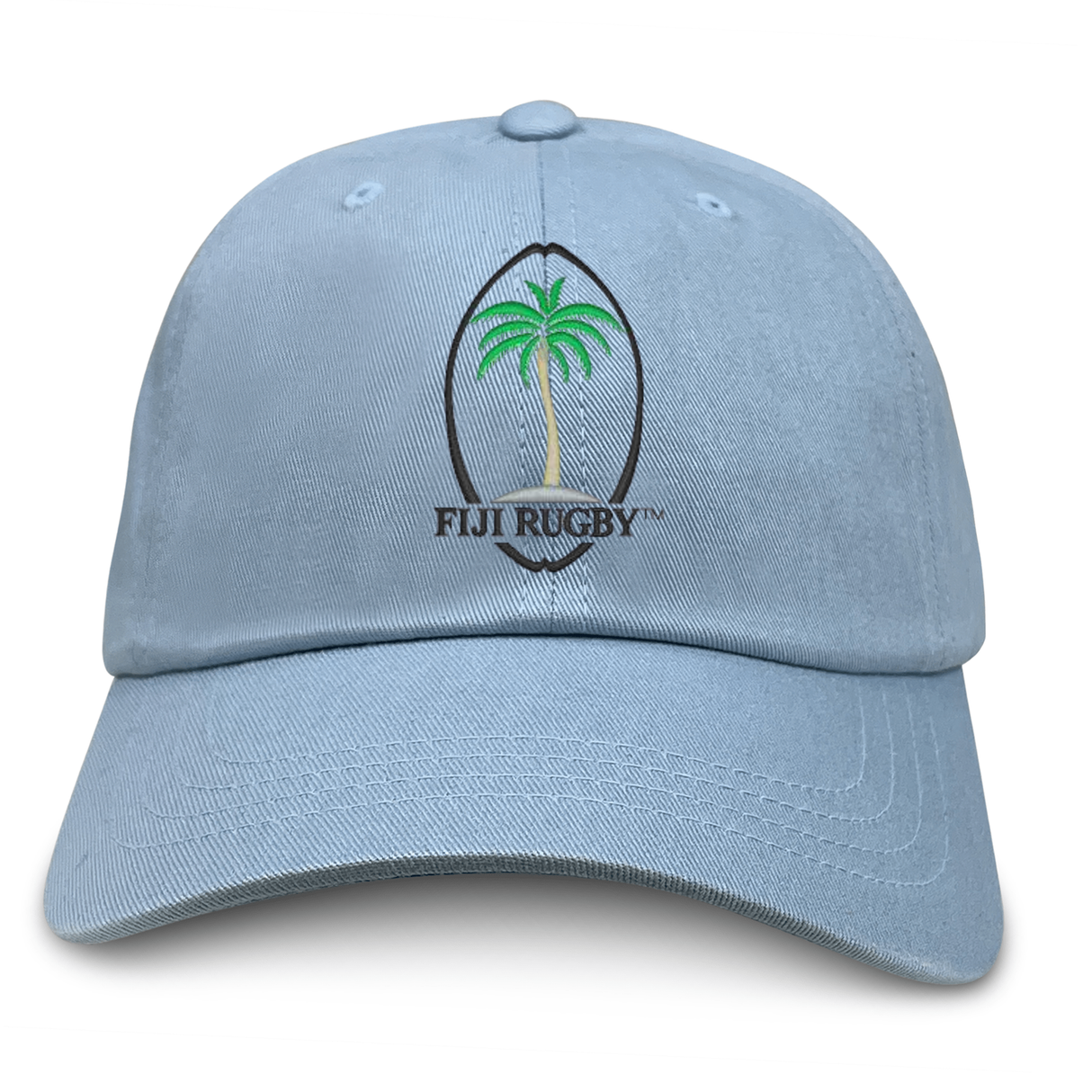 The Fiji Throwback Cotton Twill Dad Cap by EMB S&S Activewear features an embroidered green palm tree and "Fiji Rugby" on light blue cotton twill—perfect for rugby fans.