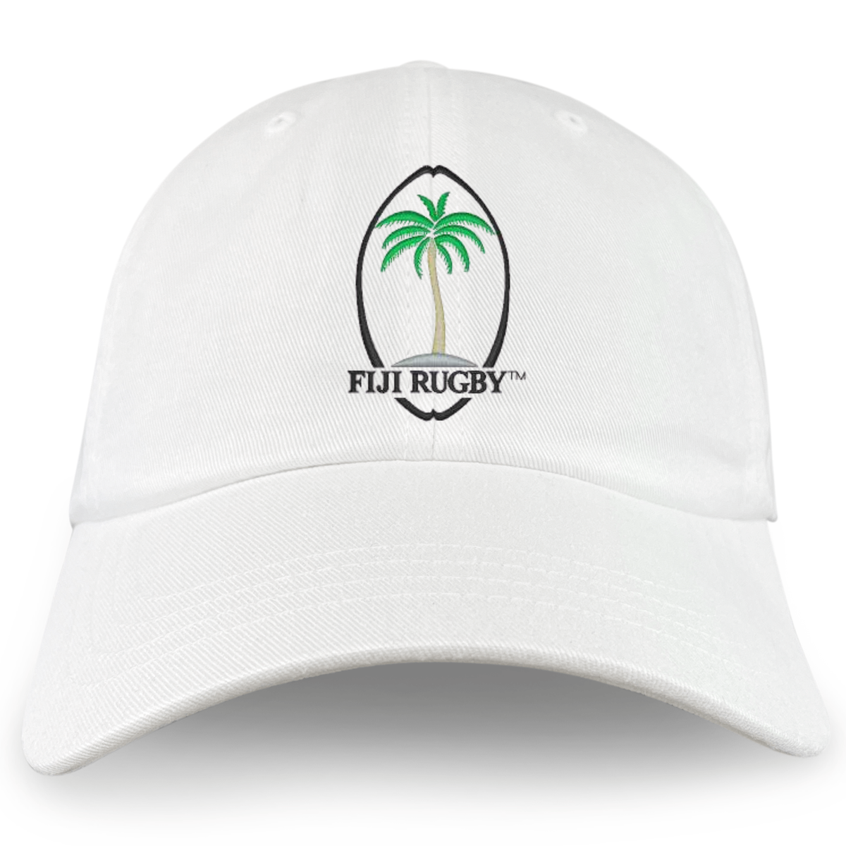 The Fiji Throwback Cotton Twill Dad Cap by EMB S&S Activewear features white cotton twill and a green palm tree with “FIJI RUGBY” embroidery on the front—ideal for fans of classic rugby hats.