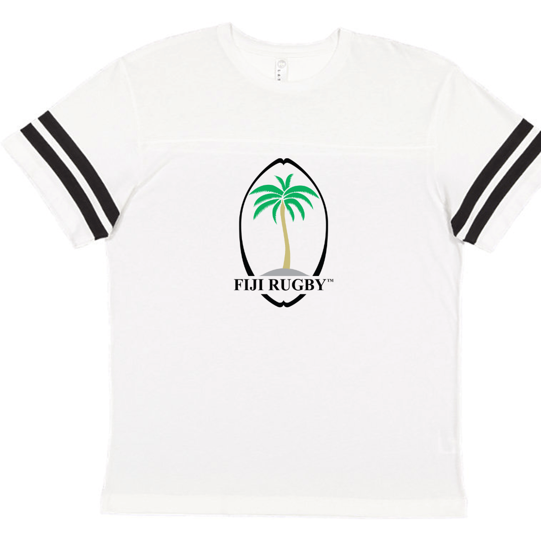White combed ringspun cotton Fiji Throwback Football Tee with Fiji rugby logo and black sleeve stripes, offering a vintage flair by WRS LAT.