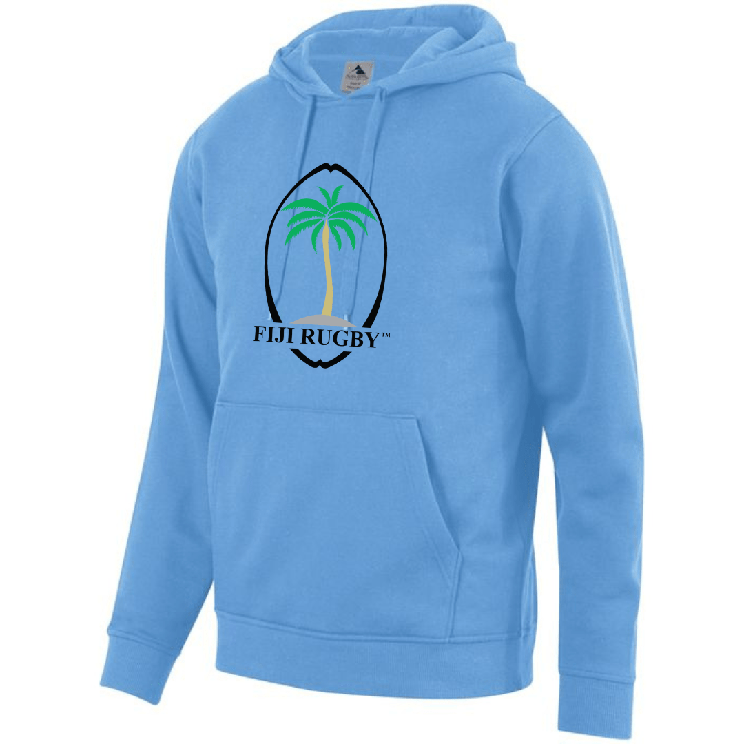 A Fiji Throwback 60/40 Pullover Hoodie by WRS Augusta in light blue with a palm tree on it.