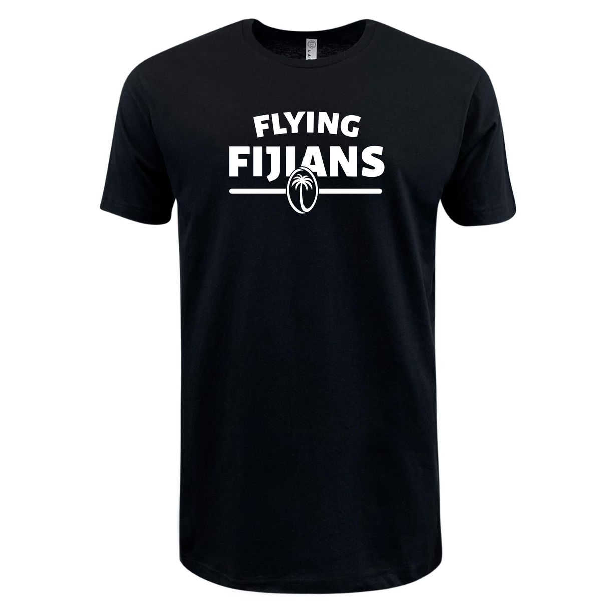 Black WRS LAT supersoft tee with the text "Fiji Flying Fijians" and a stylized rugby ball logo heat pressed in white on the front.