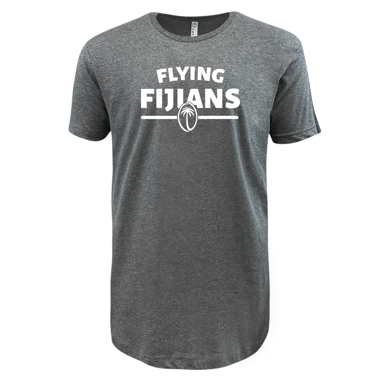 Supersoft tee with WRS LAT's "Fiji Flying Fijians Wordmark Supersoft Tee" and a rugby ball logo heat-pressed in white on the front.