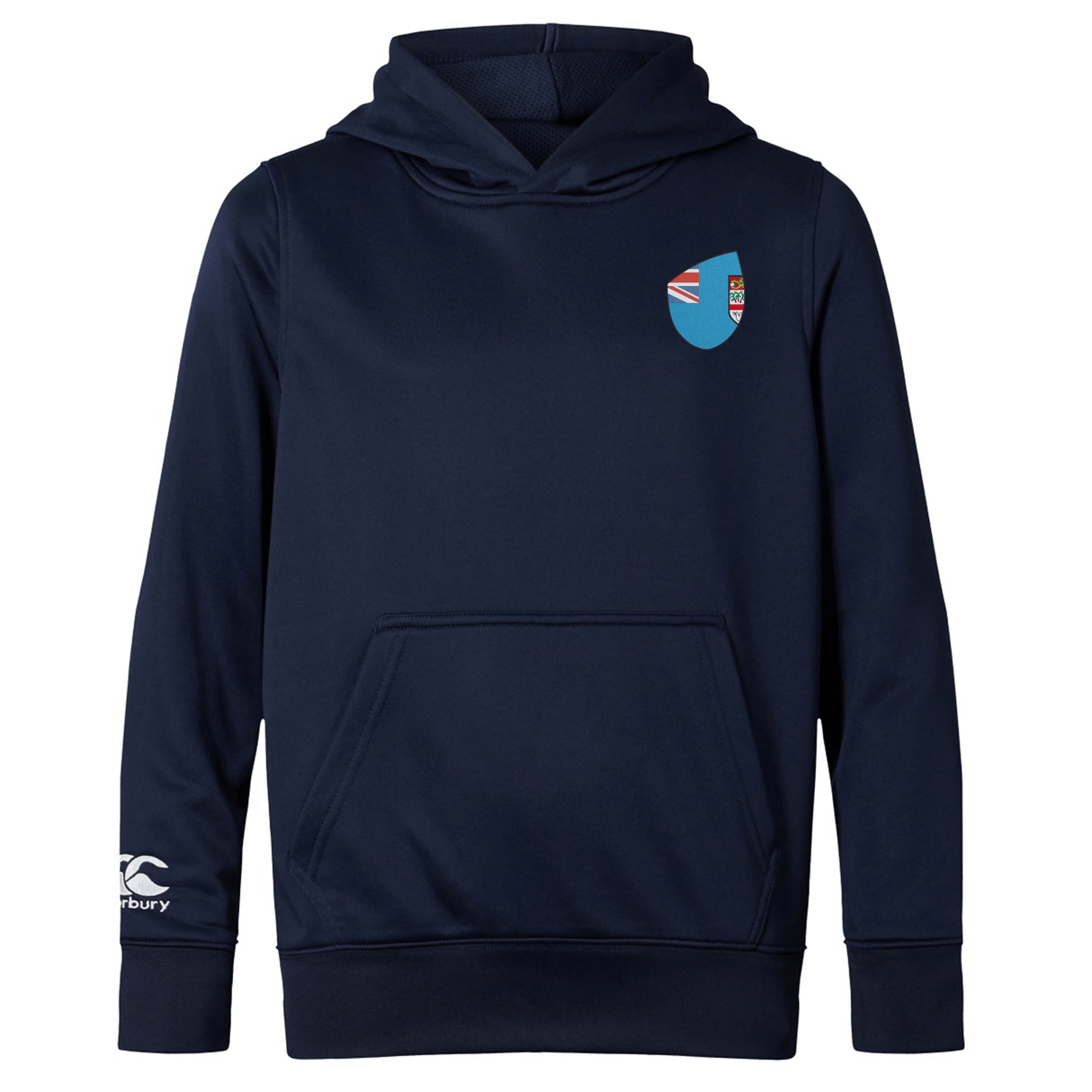 Navy blue EMB Canterbury Fiji Shield Club Lightweight Hoodie with kangaroo pocket, logo on the chest, and white Fiji Shield emblem on the sleeve; ideal for rugby supporters to showcase their style.