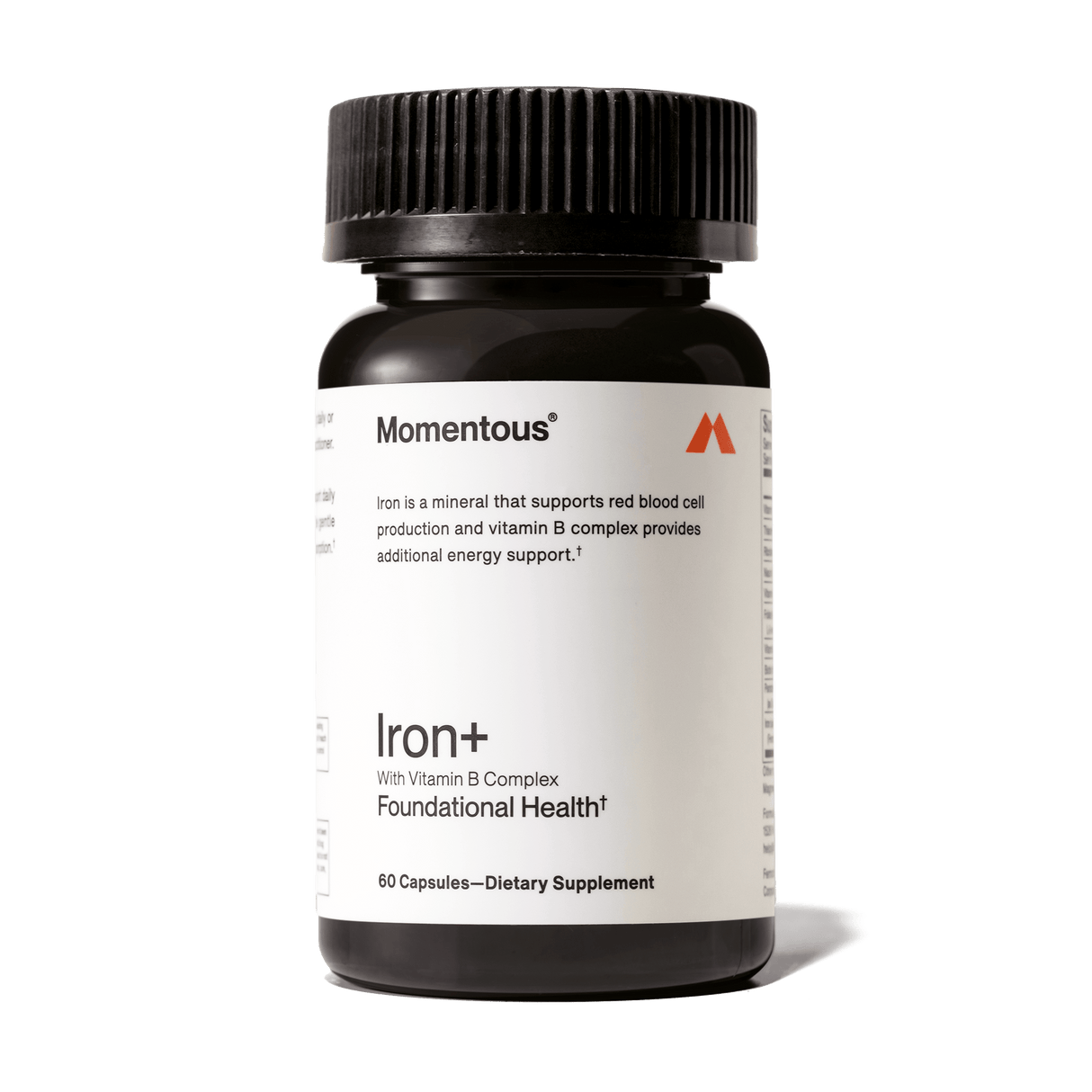Momentous Iron+ by Momentous is a black bottle with 60 capsules, featuring Ferrochel iron and Vitamin B Complex for foundational health and energy support.