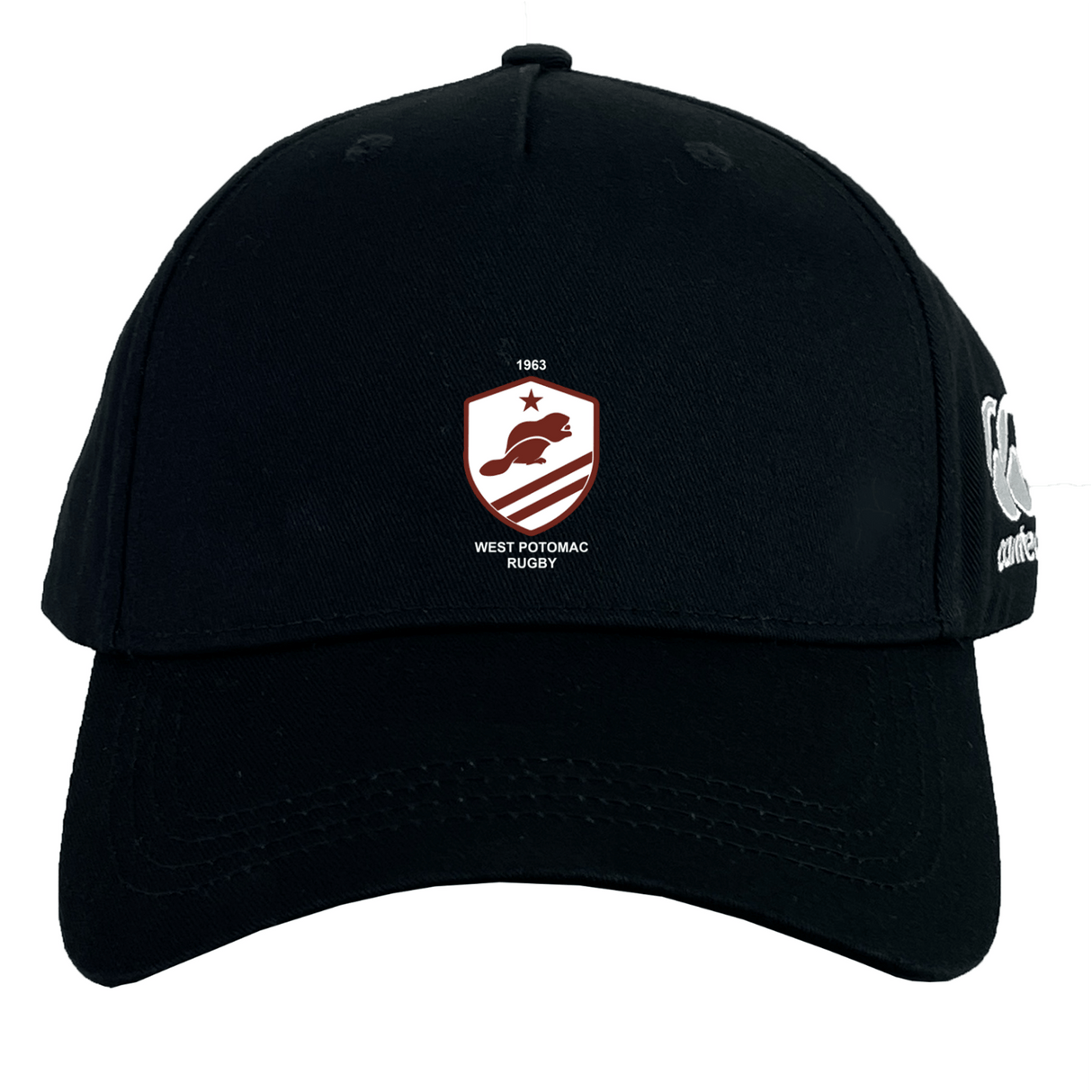 The West Potomac RFC Flexfit Drill Cap by EMB Canterbury features a red and white West Potomac Rugby logo on front, a white embroidered CCC logo on the side, and classic curved brim styling.