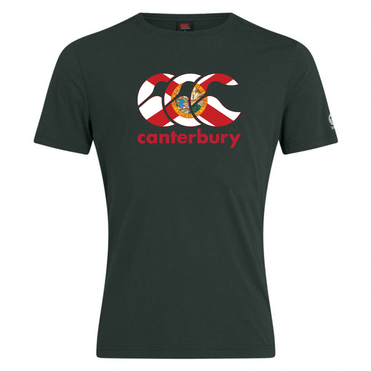 Show your rugby pride with the WRS Canterbury Florida CCC Flag Club T-shirt, featuring dark green fabric and a "canterbury" print with a CCC Flag Club logo filled with Portugal flag colors and emblem.