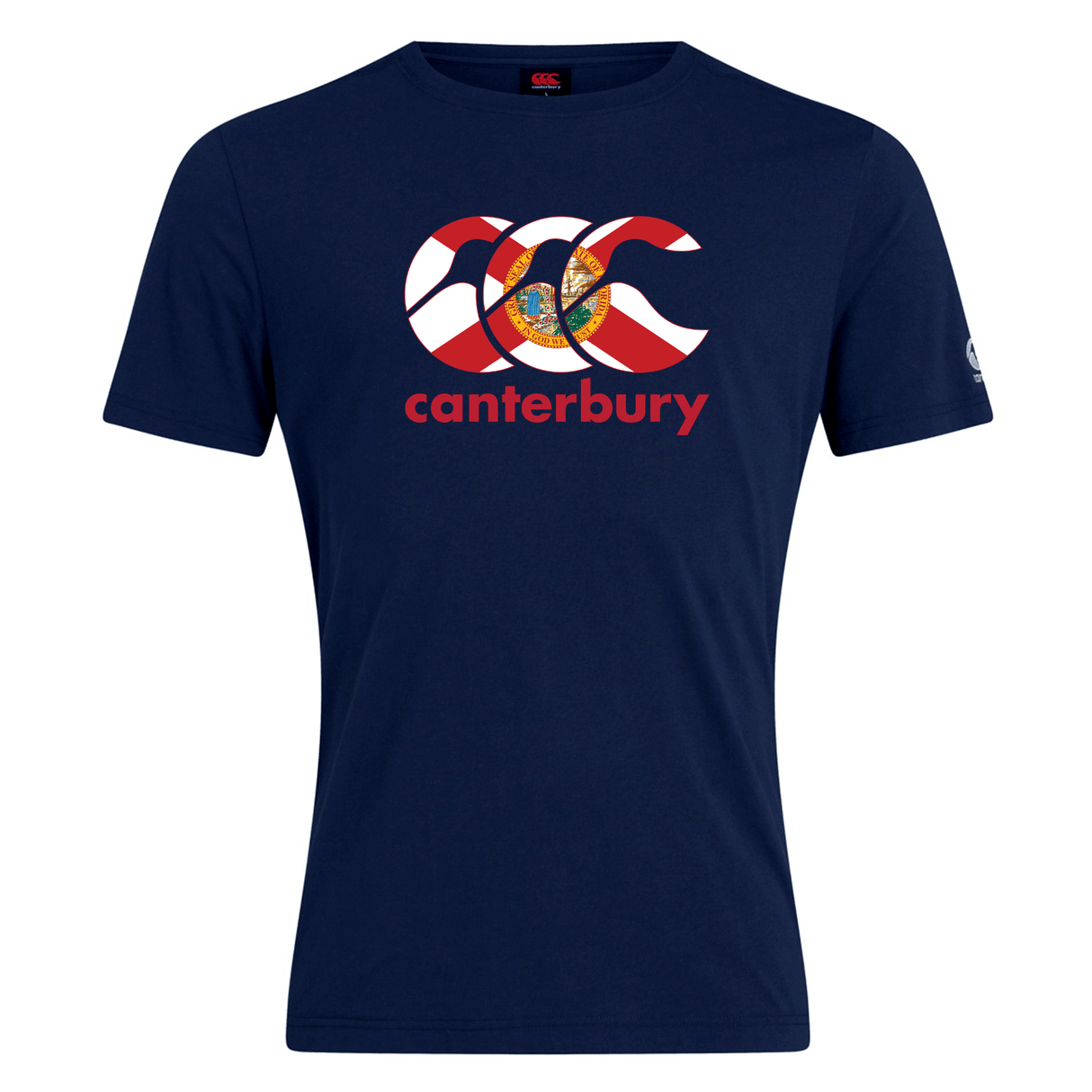 Show your rugby pride in the navy blue Canterbury Florida CCC Flag Club T-shirt by WRS Canterbury, featuring a red, white, and yellow flag logo with "canterbury" printed below.