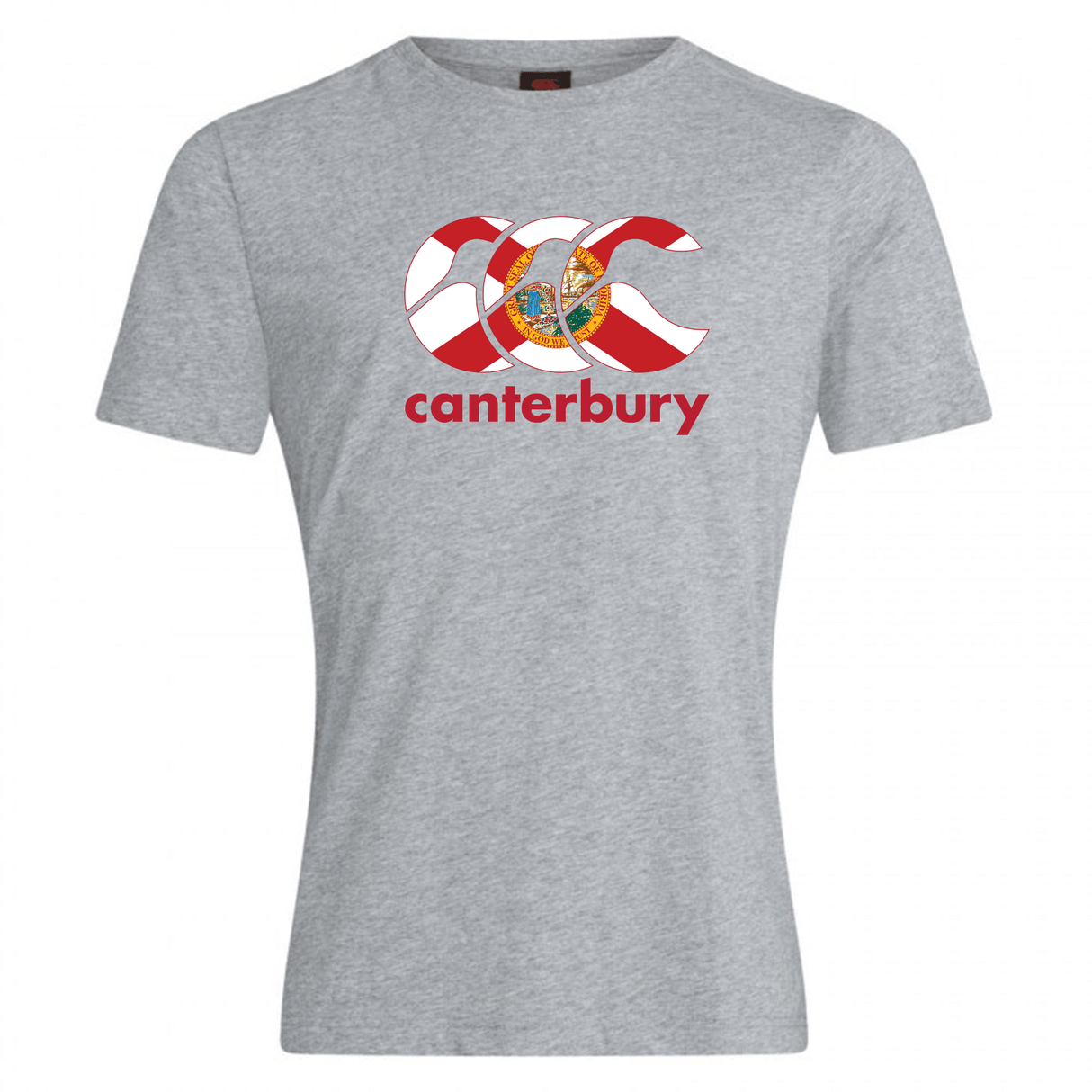 Show your rugby pride with the WRS Canterbury Florida CCC Flag Club T-shirt—a grey tee featuring the iconic red and white CCC Flag Club logo and coat of arms above bold red "canterbury" text.