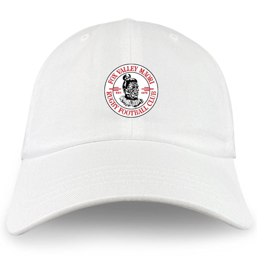 The EMB S&S Activewear Fox Valley Rugby Adult Low-Profile Cotton Twill Dad Cap features a white design with the "Fox Valley Maori Rugby Football Club" logo—stylized face and bold red text—embroidered on the front.