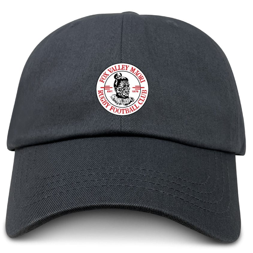 The Fox Valley Rugby Adult Low-Profile Cotton Twill Dad Cap by EMB S&S Activewear features black cotton twill and embroidered Fox Valley Maori Rugby Football Club branding on the front.