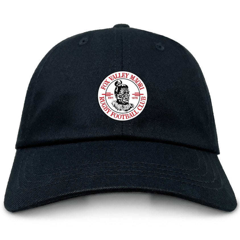 The Fox Valley Rugby Adult Low-Profile Cotton Twill Dad Cap by EMB S&S Activewear is a black dad cap with a circular "Fox Valley Maori Rugby Football Club" logo and embroidered Maori-style face branding on the front.