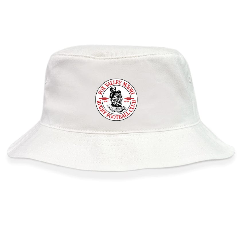 The Fox Valley Rugby Crusher Bucket Cap by EMB S&S Activewear is a white cotton twill hat with a rooster and red “Avon Valley Meats Rugby Football Club” logo on the front, offering stylish sun protection.