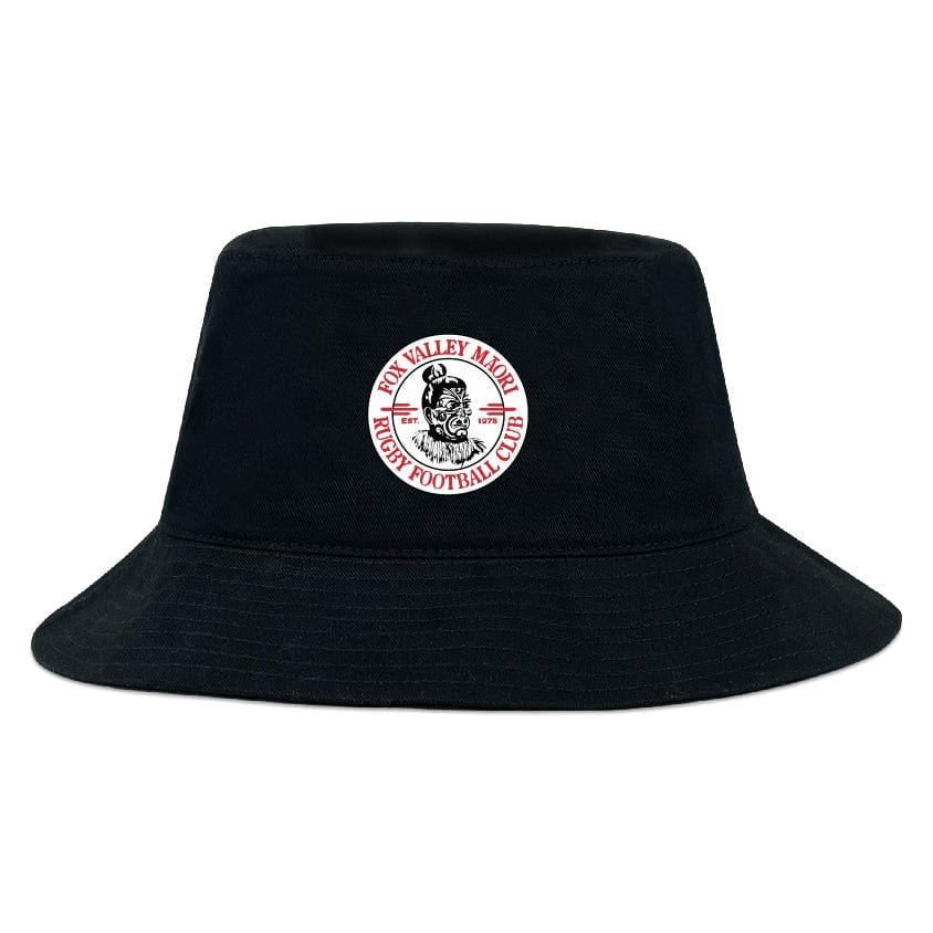 The Fox Valley Rugby Crusher Bucket Cap by EMB S&S Activewear is a black cotton twill hat featuring a circular rugby club logo with a figure and red text on the front, offering stylish sun protection.