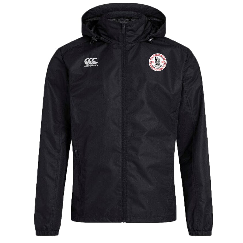 A Fox Valley Rugby Club Vaposhield Full Zip Rain Jacket by EMB Canterbury, featuring a small logo on the left chest and a larger emblem on the right chest. The jacket has side pockets, a slightly shiny fabric texture, and VapoShield technology to make it water resistant.