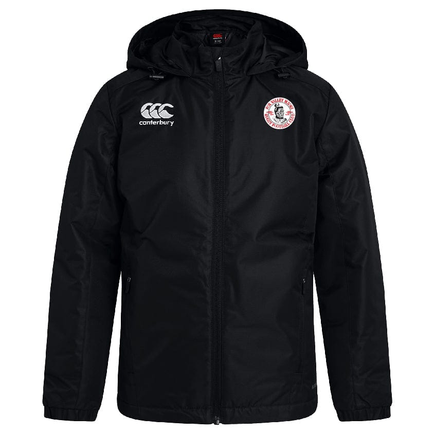 A black Fox Valley Rugby Club Vaposhield Stadium Jacket by EMB Canterbury with a hood, featuring white logo on the left chest and 'Canterbury' text on the right chest, displayed on a white background. This insulated, water-repellent jacket is perfect for all weather conditions.