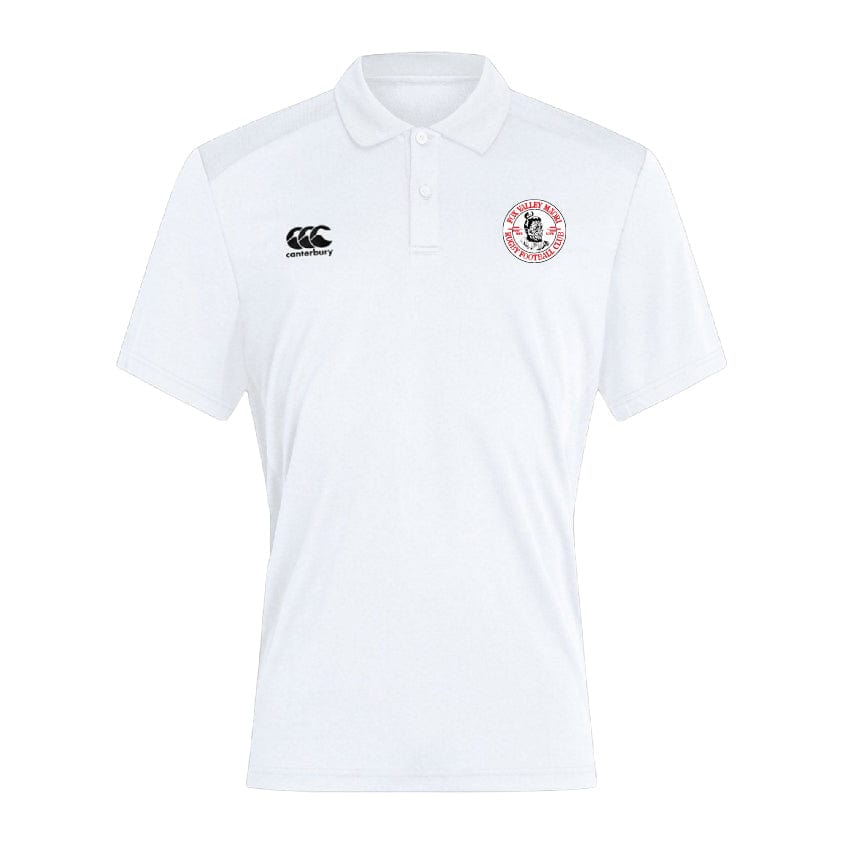 This white short-sleeve breathable polo features a black logo on the left chest, a red and white emblem on the right chest, and a small black logo on the right sleeve. The Fox Valley Rugby Club Dry Polo by Canterbury is designed with Vapodri Technology for enhanced comfort.