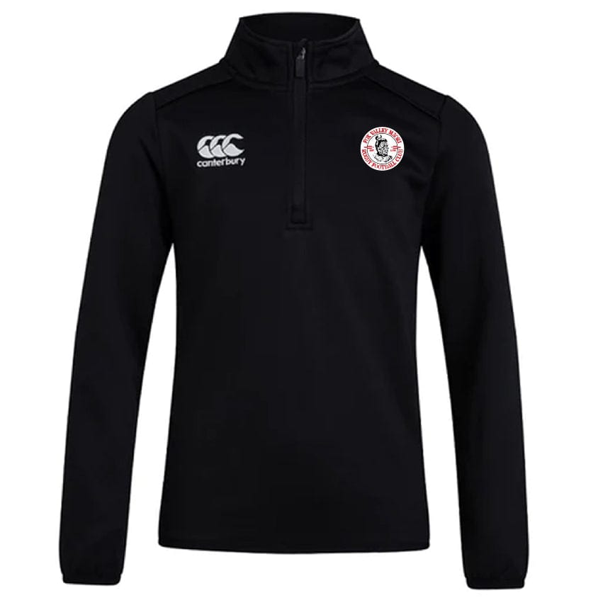 A black Fox Valley Rugby Club 1/4 Zip Mid Layer Training Top by Canterbury with a quarter zip, featuring a logo on the left chest and an embroidered crest on the right chest, crafted from durable fleece fabric by EMB Canterbury.