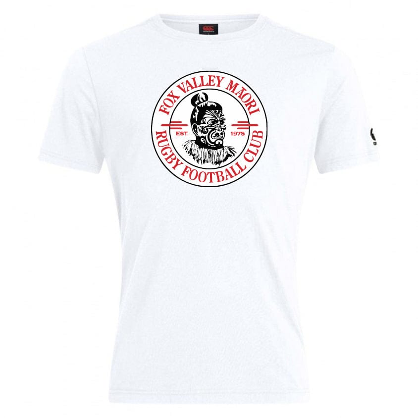White Fox Valley Rugby Club Plain Tee by Canterbury with a circular logo featuring a stylized mask and the text "Fox Valley Maori Rugby Football Club EST 1975," crafted from premium cotton-heavy blend for superior comfort by WRS Canterbury.