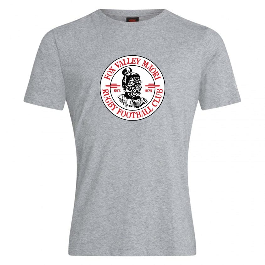 Gray Fox Valley Rugby Club Plain Tee by Canterbury featuring the logo of Fox Valley Maori Rugby Football Club with a traditional Maori design and text encircling it, crafted from premium cotton-heavy blend fabric for lasting comfort by WRS Canterbury.