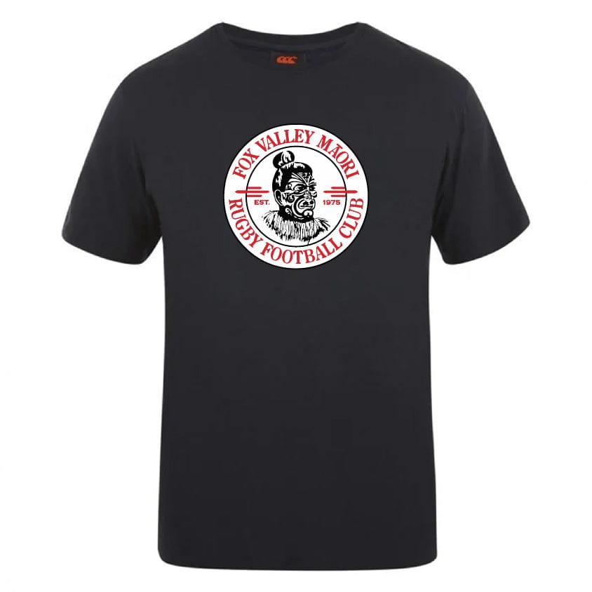 A black Fox Valley Rugby Club Plain Tee by Canterbury featuring the logo of the Fox Valley Maori Rugby Football Club in the center, with a Maori design and text in a circular layout, crafted from premium cotton-heavy blend for enhanced durability and comfort, by WRS Canterbury.