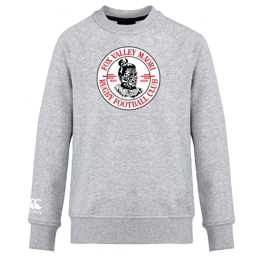 Fox Valley Rugby Club Crew Sweatshirt by WRS Canterbury featuring a logo that reads "Fox Valley Maori Rugby Club" and depicts a Māori-style mask.