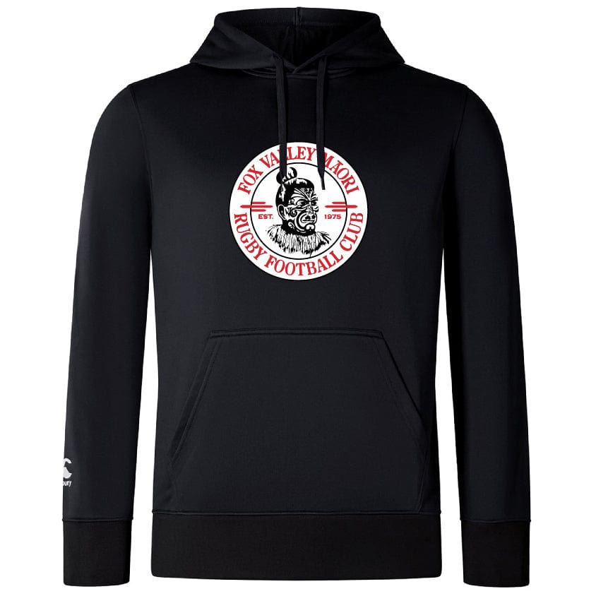 Fox Valley Rugby Club Lightweight Hoodie by Canterbury featuring a circular logo with a rugby player's head, surrounded by the text "Fox Valley Marlins Rugby Football Club Est. 1975". The left sleeve has a small white embroidered logo, and the kangaroo pocket adds both style and convenience.