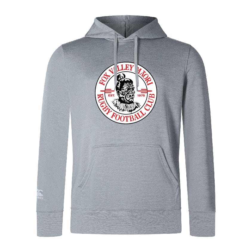 Introducing the Fox Valley Rugby Club Lightweight Hoodie by Canterbury, a grey lightweight hoodie featuring the Fox Valley Maori Rugby Football Club logo on the chest, a small WRS Canterbury logo on the left sleeve, and a convenient kangaroo pocket.