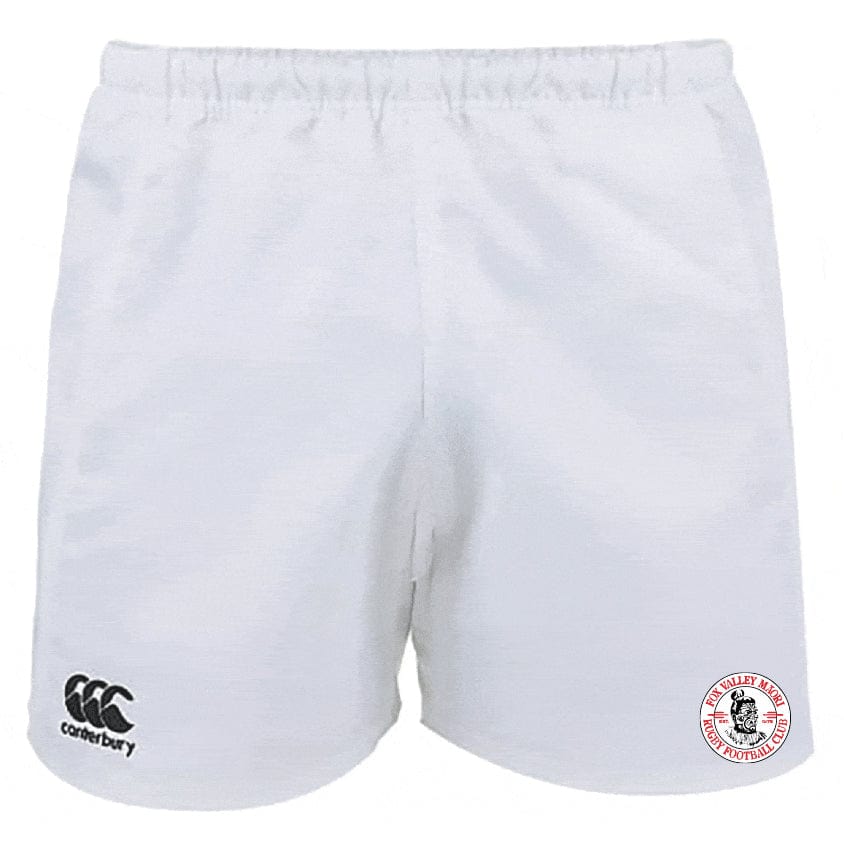 Fox Valley Rugby Advantage Rugby Shorts by Canterbury with moisture-wicking fabric and two logos: a black EMB Canterbury logo on the left leg and a circular logo with a cross and text on the right leg. These shorts feature a non-slip waistband for maximum comfort.