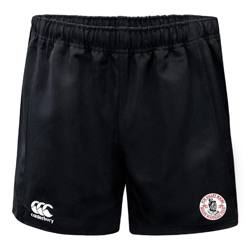 Black athletic Fox Valley Rugby Advantage Rugby Shorts by Canterbury with an embroidered logo on the left leg and a white EMB Canterbury brand logo on the right leg, featuring a non-slip waistband and moisture-wicking fabric.