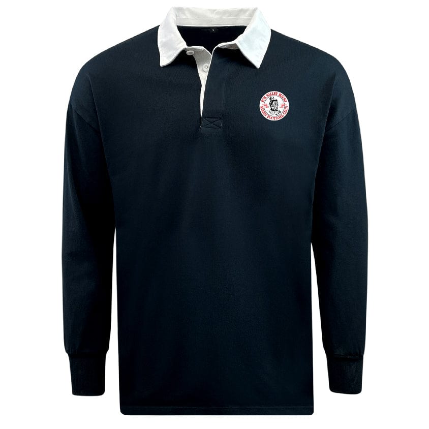 A medium-weight, dark blue Fox Valley Rugby Classic Long Sleeve Solid Rugby Jersey with a white collar and a circular embroidered patch on the left chest by EMB Mudoo. Made from a comfortable cotton/poly blend, this long-sleeve shirt offers both style and durability.