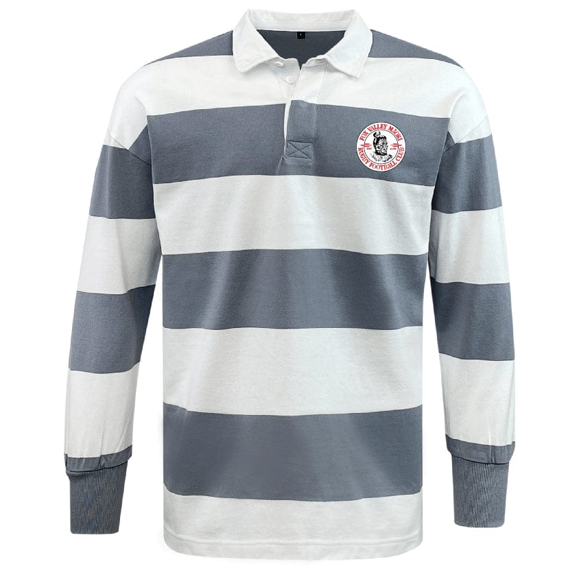 The EMB Mudoo Fox Valley Rugby Classic Long Sleeve Hooped Rugby Jersey showcases gray and white horizontal stripes, a collar, and a playful cartoon logo with text on the left chest. Crafted from a comfortable cotton/poly blend, it’s perfect for leisurewear.