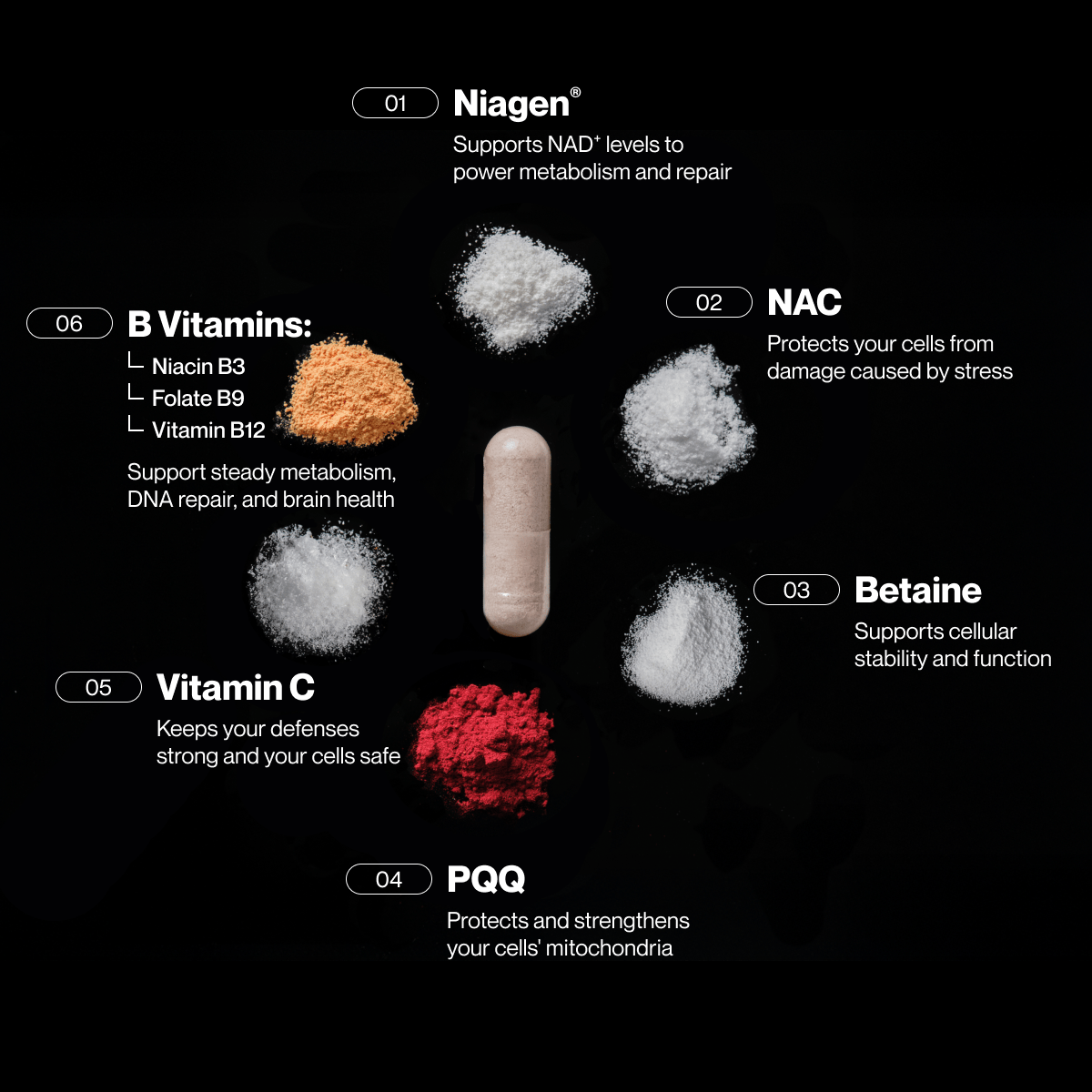 A Momentous Longevity capsule is surrounded by labeled powders and text—Niagen, NAC, Betaine, PQQ, Vitamin C, and B Vitamins—highlighting their roles in metabolism, NAD⁺ support, and cellular health from the brand Momentous.