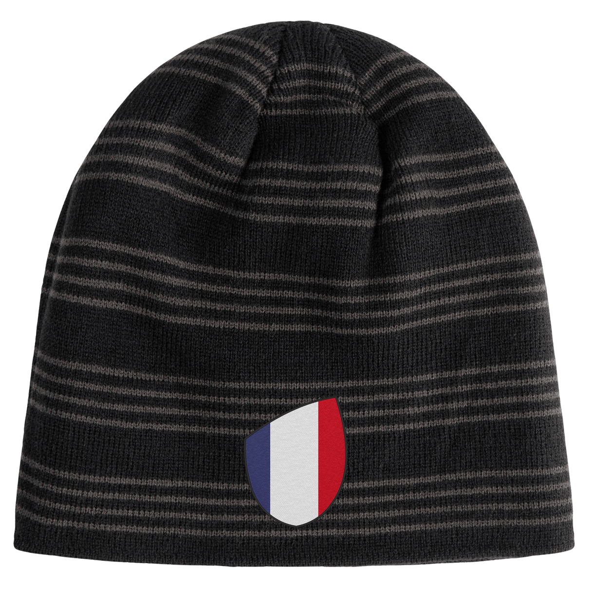 The EMB Canterbury France Shield Beanie is gray and black with a France Shield emblem displaying vertical blue, white, and red stripes.