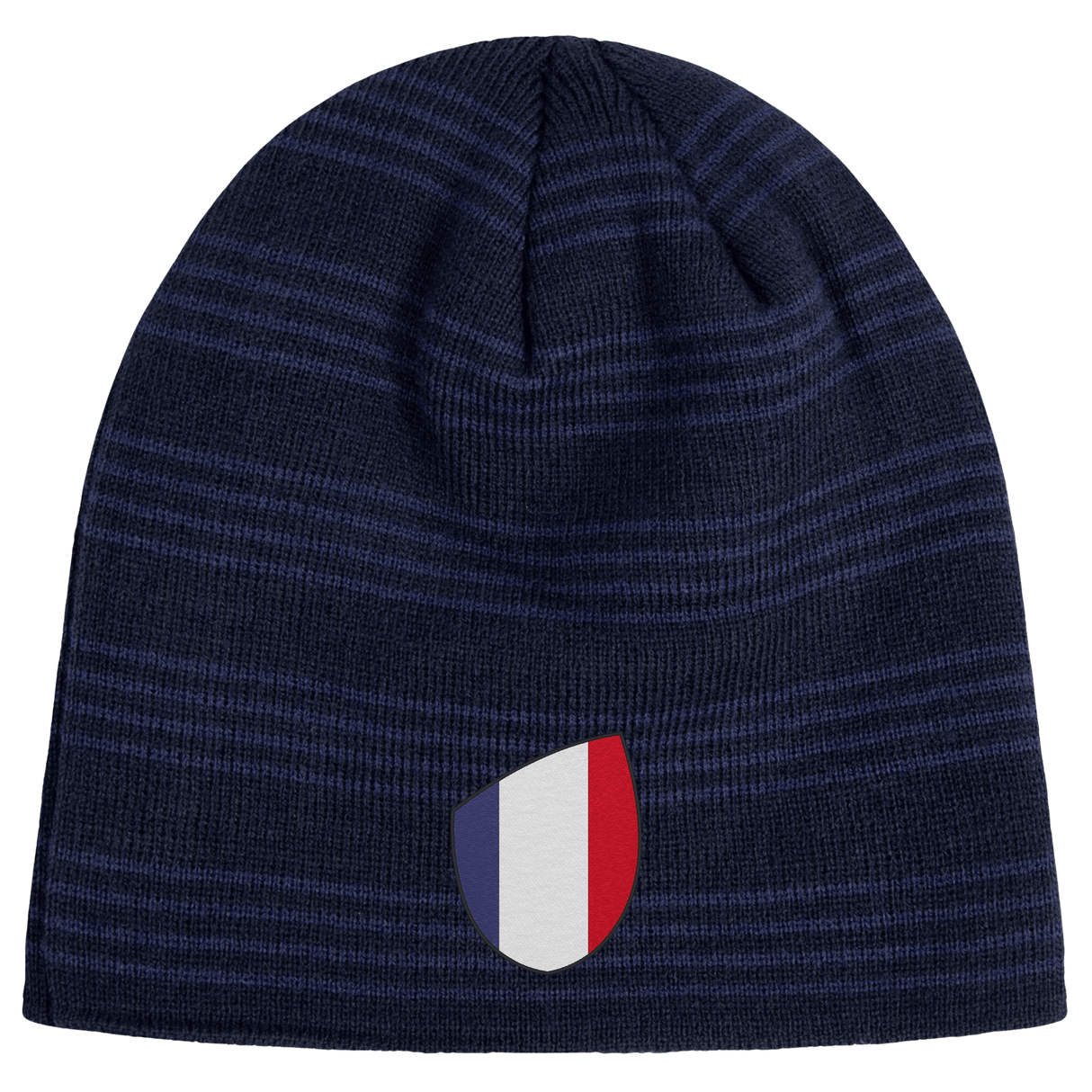 The EMB Canterbury France Shield Beanie is a dark blue, striped beanie featuring the iconic shield emblem in blue, white, and red.