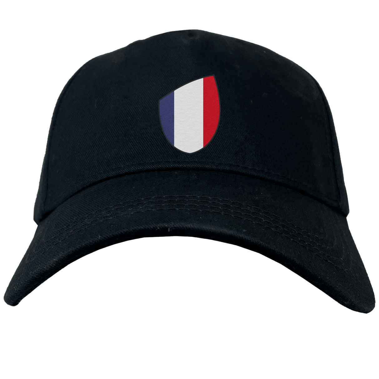 Introducing the France Shield Flex Drill Cap by EMB Canterbury, showcasing black fabric with a France shield design and vertical stripes in blue, white, and red.