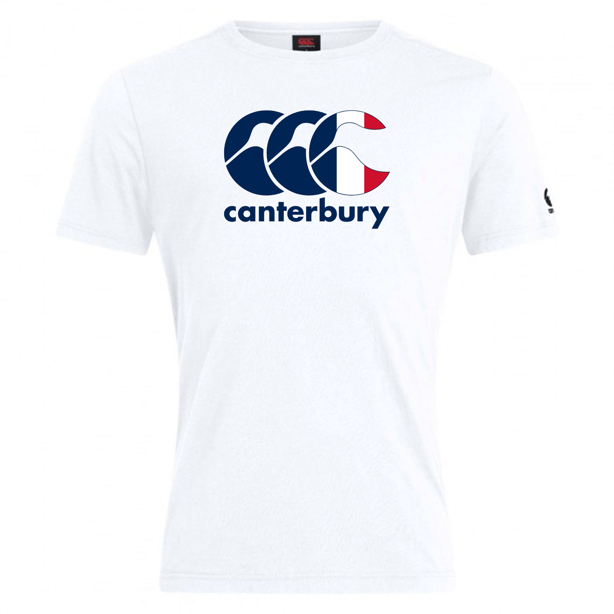 The Canterbury France CCC Flag Club T-Shirt from WRS Canterbury is made of a premium cotton-rich blend and showcases a striking blue and red Kiwi Logo on the front.