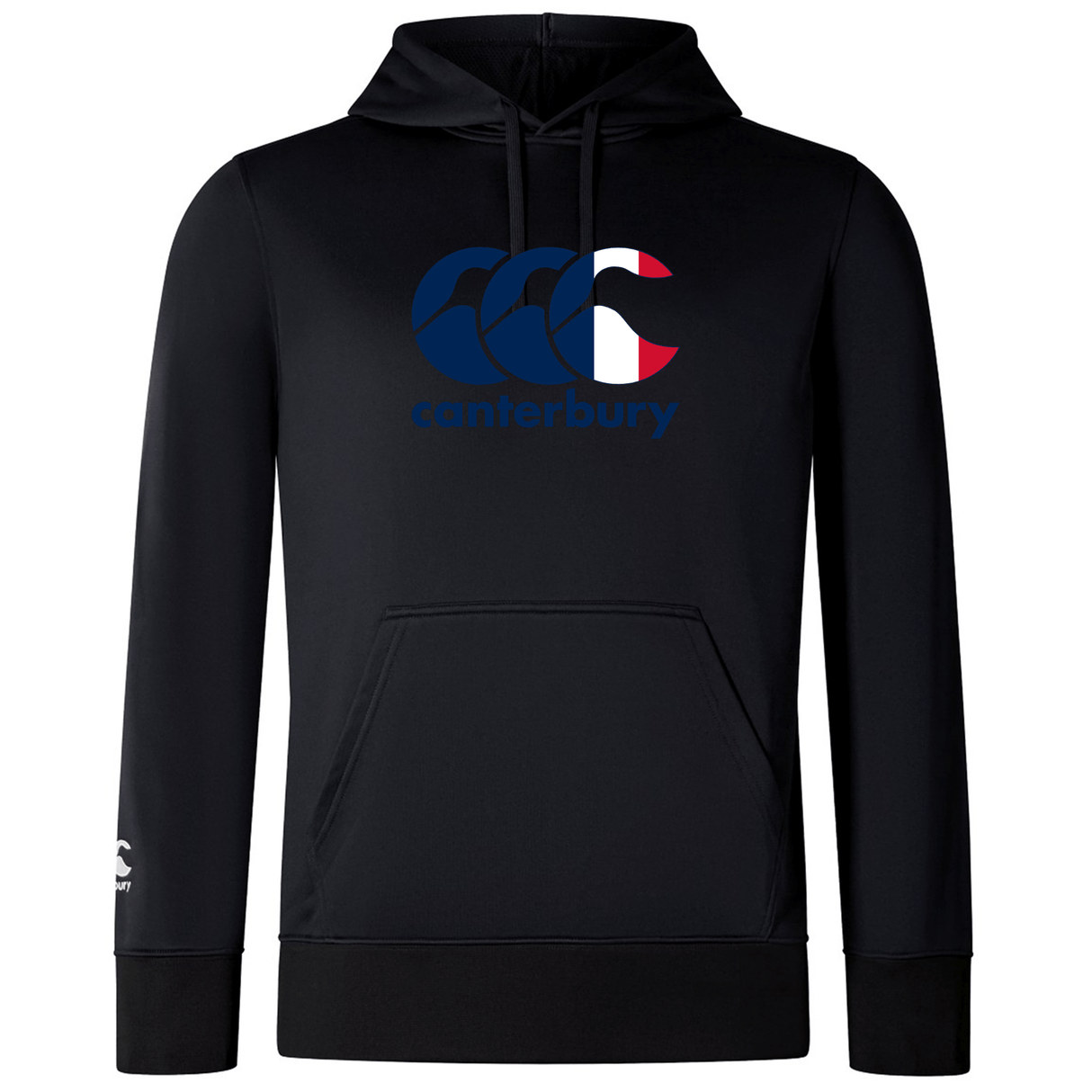 The Canterbury France CCC Club Lightweight Hoodie by WRS Canterbury is a black hoodie showcasing the iconic "Canterbury" logo in blue, red, and white on the front with a unique white "CCC" logo on the left sleeve.
