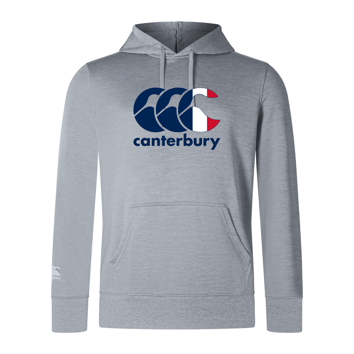 The WRS Canterbury France CCC Club Lightweight Hoodie is gray with a bold "CCC" logo in vibrant blue and red on the chest, ideal for casual wear.